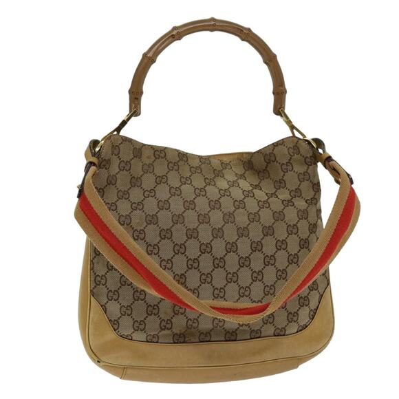 GUCCI GG Canvas Bamboo Sherry Line Hand Bag Beige Red - Picture 1 of 16